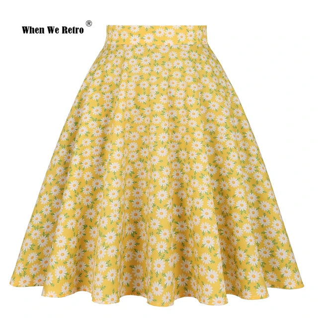 When We Retro Daisy Floral Printed Women Yellow Skirt VD0020 Vintage Casual High Waist A Line jupe femme Flare Summer Skirts