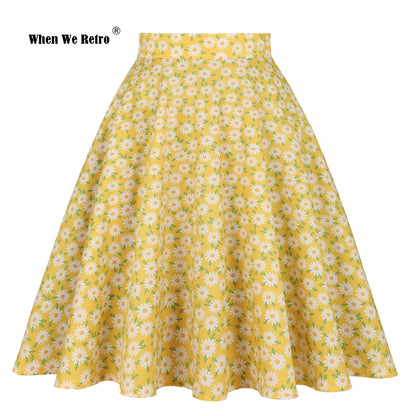 When We Retro Daisy Floral Printed Women Yellow Skirt VD0020 Vintage Casual High Waist A Line jupe femme Flare Summer Skirts