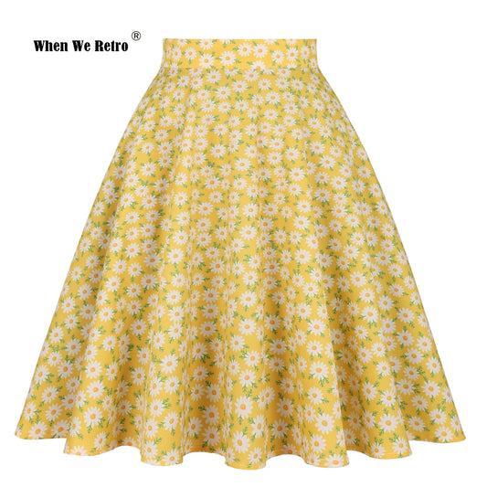 When We Retro Daisy Floral Printed Women Yellow Skirt VD0020 Vintage Casual High Waist A Line jupe femme Flare Summer Skirts